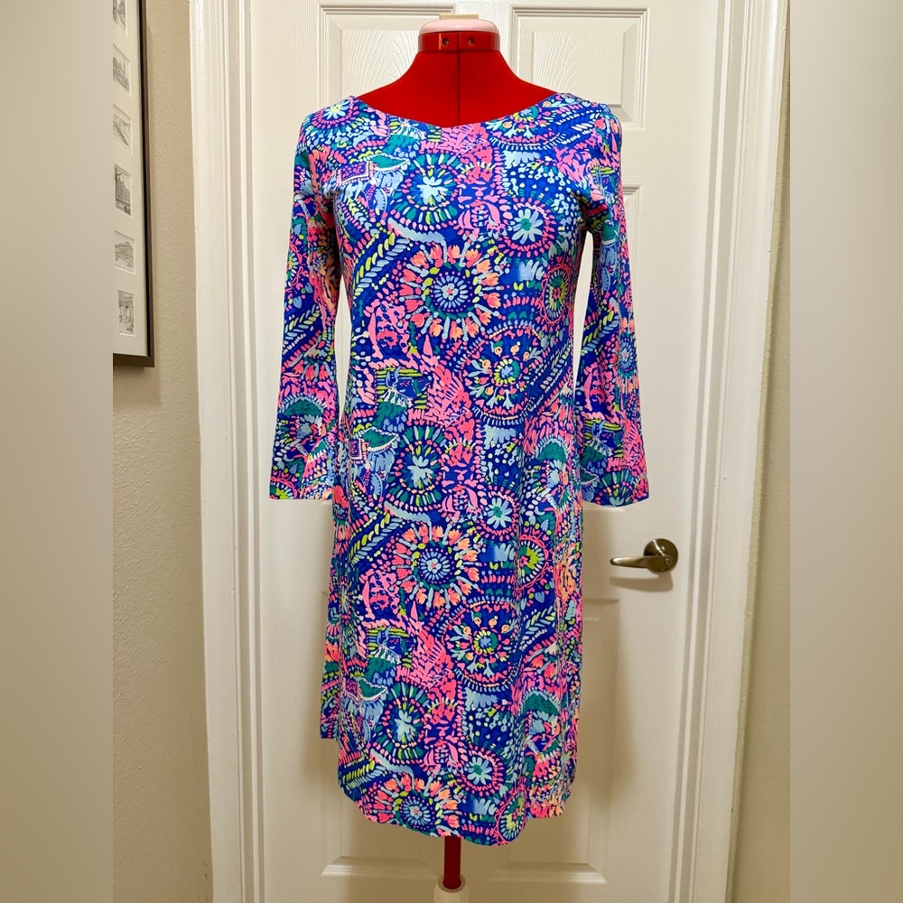 Lilly Pulitzer Blue and Pink Floral 3/4 Sleeve Cotton Dress, sz XS